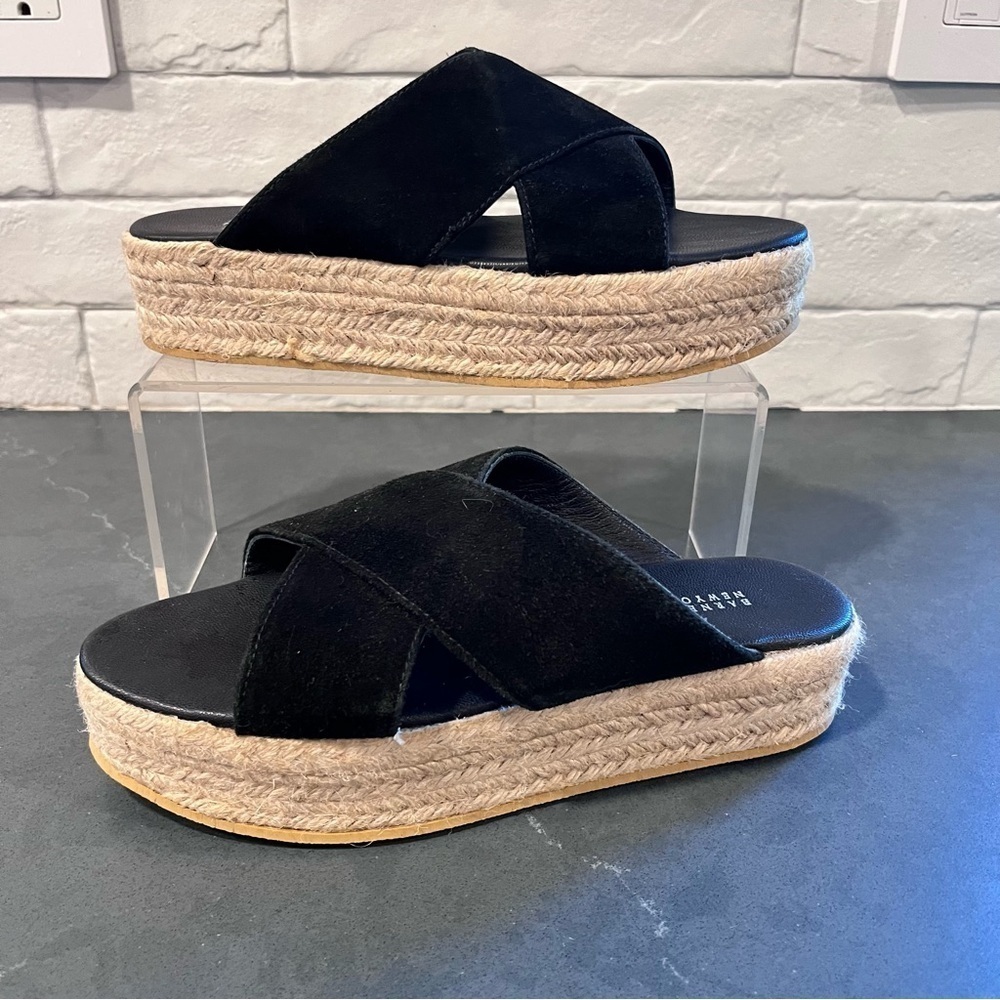 Barney’s New York sz 37 black suede cross strap jute platform sandals